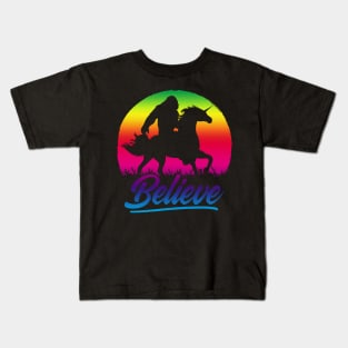 Bigfoot Riding Unicorn Vintage Sasquatch Kids T-Shirt